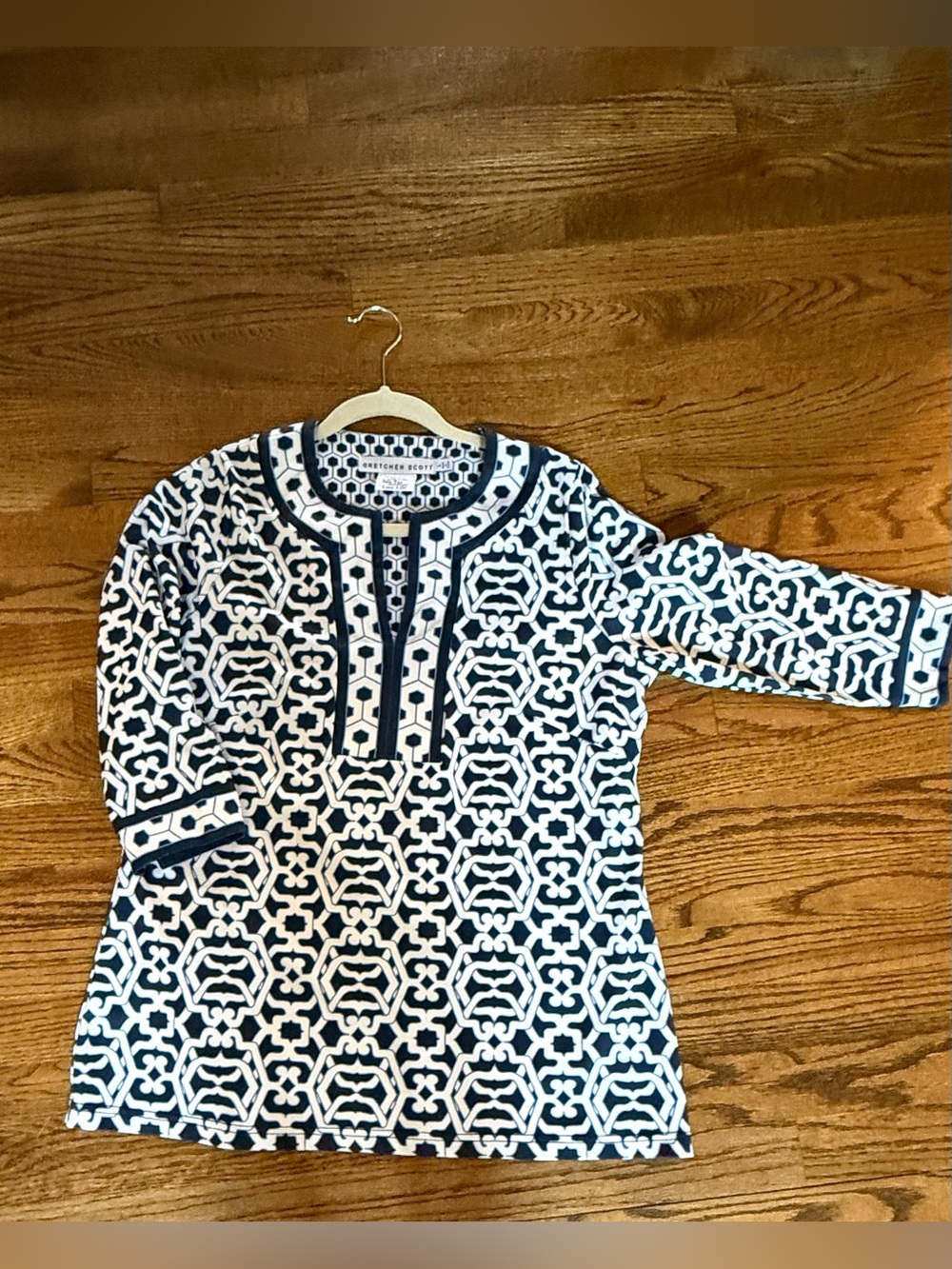 Gretchen Scott Navy and White Geometric Tunic Top in Large
